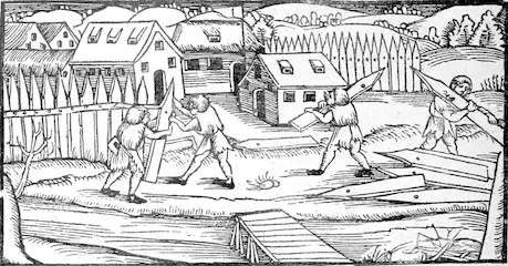 Etching of villagers building a fence