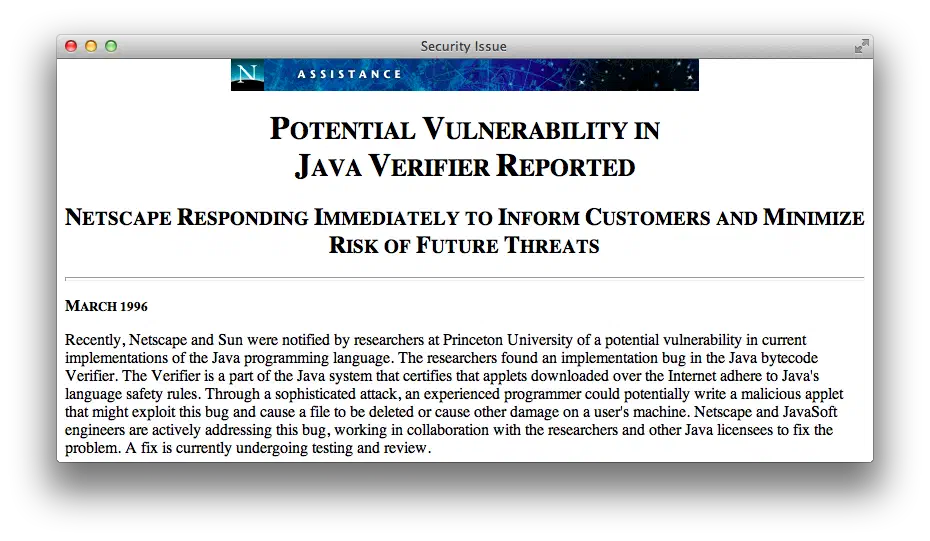 March 1996 Java Bytecode Vulnerability